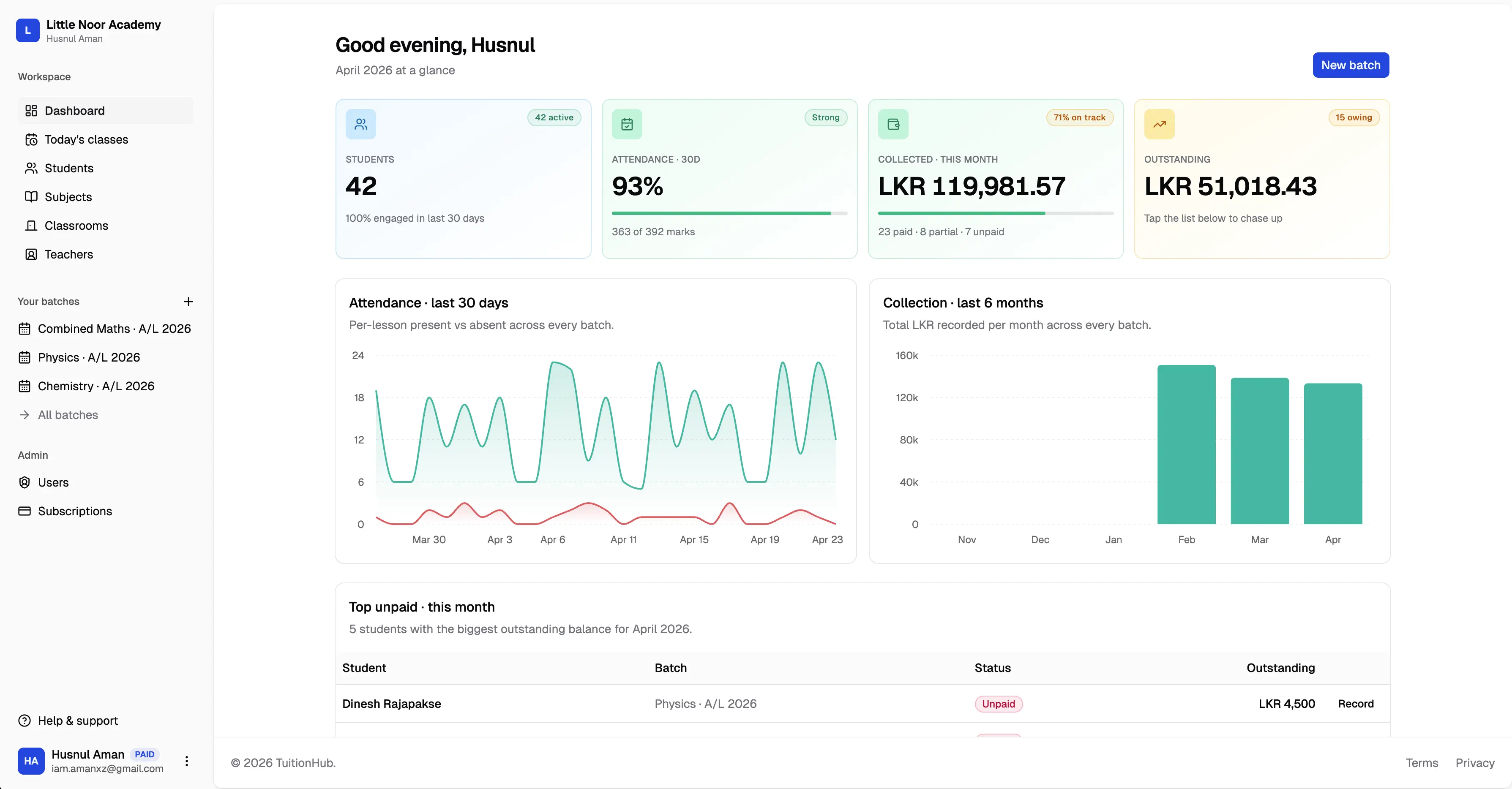 TuitionHub dashboard